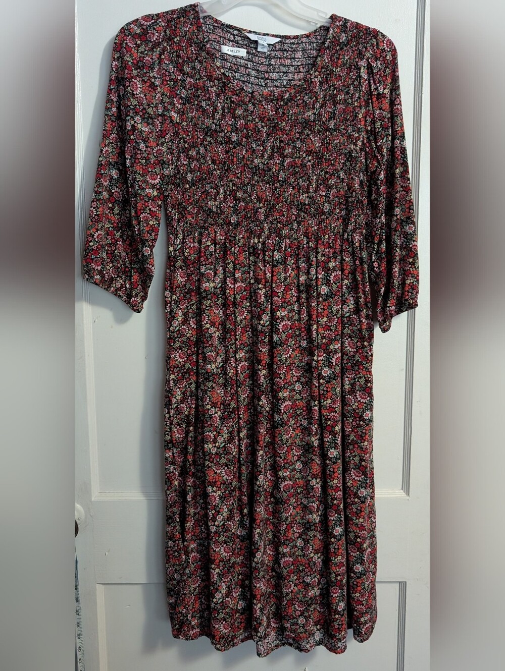 Croft & Barrow Red Multi Floral Smocked Midi Dress